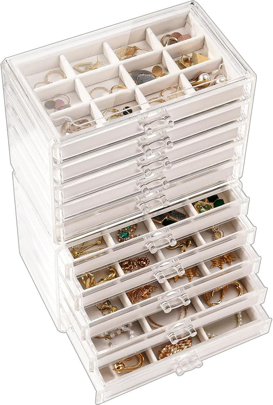 Lolalet Earring Holder Organizer Box Jewelry Storage with 10 Drawers, Clear Acrylic Stackable Earring Case with Adjustable Velvet Trays for Women on Dresser Vanity - Warmwhite,10 Layers
