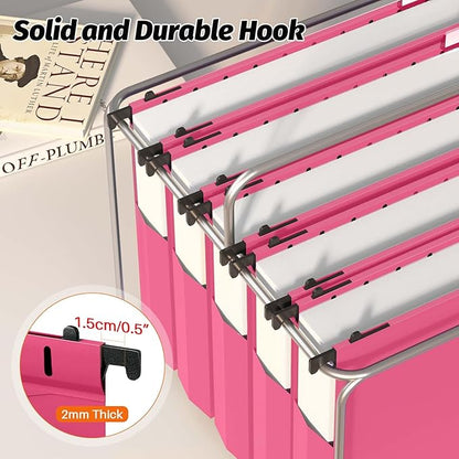 Shutex Extra Capacity Plastic Hanging File Folders,12 Pack Reinforced Expanding Hang Folder Letter Size,Accordian Pocket,Heavy Duty 2 Inch Expansion, Hard Hanging Folder Organizer for Office Home,Pink
