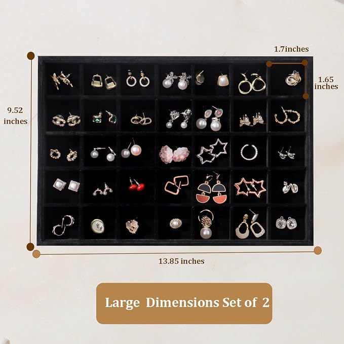Large Velvet Jewelry Tray 2 Pack Stackable Jewelry Display Drawer Inserts Trays Organizer for Earring Bracelet Necklace Ring (Black, 35 Grids)