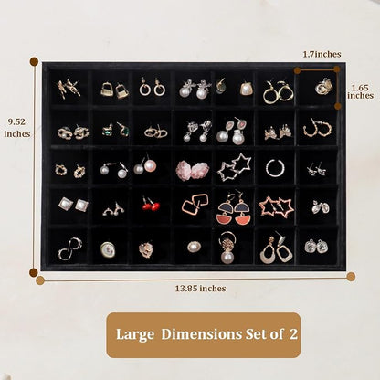 Large Velvet Jewelry Tray 2 Pack Stackable Jewelry Display Drawer Inserts Trays Organizer for Earring Bracelet Necklace Ring (Black, 35 Grids)