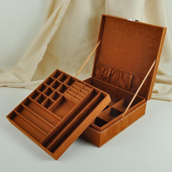 Jewelry Boxes 10 x 10 Inches 2-layer Handle Necklace Holder Organizer Jewellery Women Rings Storage Display Girls Earrings Case Lockable Jewelry Tray GY641 (Caramel)