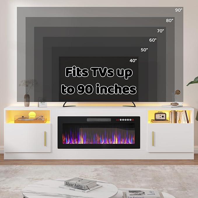 LEMBERI 80 Inch Fireplace TV Stand for TVs up to 90", 36" Electric Fireplace Entertainment Center with 20-Color LED, 300lbs Max Capacity Modern Wood Media Console Cabinet, White