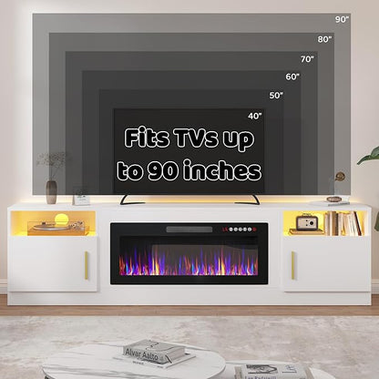 LEMBERI 80 Inch Fireplace TV Stand for TVs up to 90", 36" Electric Fireplace Entertainment Center with 20-Color LED, 300lbs Max Capacity Modern Wood Media Console Cabinet, White