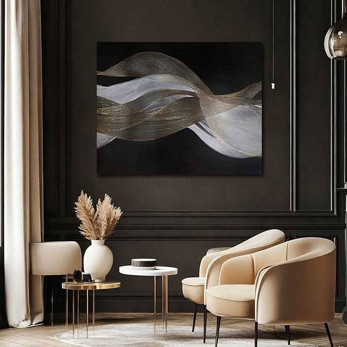 ZENPEE Modern Gold and White Wave Wall Art, Hand Painted on Canvas, Black Background, Textured Wall Art, Framed, Ready to Hang, Contemporary Decor for Living Room Office 32x40 In