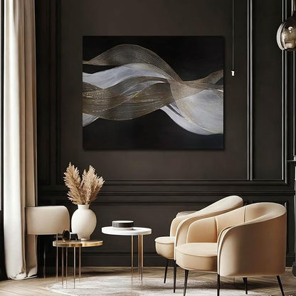 ZENPEE Modern Gold and White Wave Wall Art, Hand Painted on Canvas, Black Background, Textured Wall Art, Framed, Ready to Hang, Contemporary Decor for Living Room Office 32x40 In