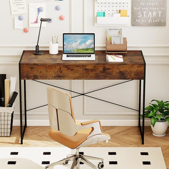GOFLAME Modern 2-Drawer Computer Desk, Home Office Desk w/Reinforced Heavy-Duty Metal Frame, Versatile Study Writing Desk w/Anti-Tip Kit, Ideal for Bedroom, Study, Office, Small Spaces, Rustic Brown