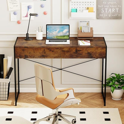 GOFLAME Modern 2-Drawer Computer Desk, Home Office Desk w/Reinforced Heavy-Duty Metal Frame, Versatile Study Writing Desk w/Anti-Tip Kit, Ideal for Bedroom, Study, Office, Small Spaces, Rustic Brown