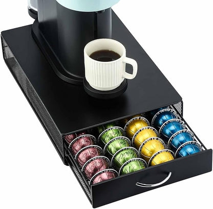 FlagShip Vertuo Pod Holder Drawer with Black Metal,Compatible for Nespresso VertuoLine Pods,Holds up to 40 Big Vertuo Pods,Smooth Pull-Out Design,Fits Under Coffee Makers (10.4''W x 15.2''D x 3.6''H)
