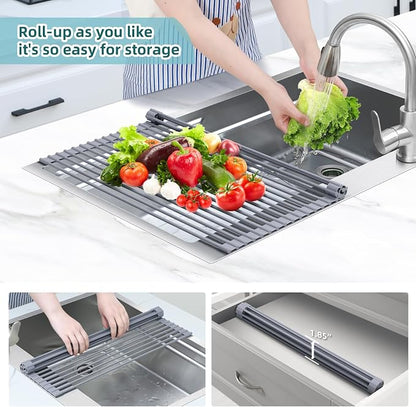 Ohuhu Sink Drying Rack, 20.5" W x 16.1" L Over The Sink Roll-Up Dish Drainer - Rolling Foldable Sink Accessories Heat-Resistant Mat Anti-Slip Silicone Coated Multipurpose for Kitchen Counter