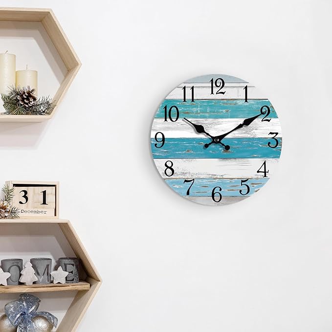 KECYET Wall Clock Battery Operated 12 Inch Outdoor Beach Style Blue Coastal Retro Silent Non Ticking Decorative for Bathroom Kitchen Living Room Bedroom