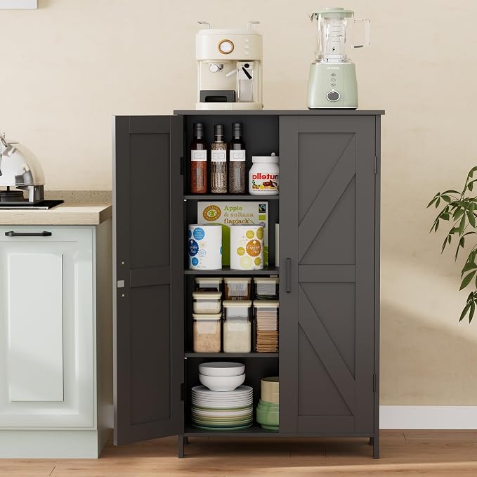 Homleke Farmhouse Bathroom Cabinet with Adjustable Shelves, Free-Standing Storage Cabinet with Barn Doors, for Kitchen, Living Room, Dining Room, Entryway, Black