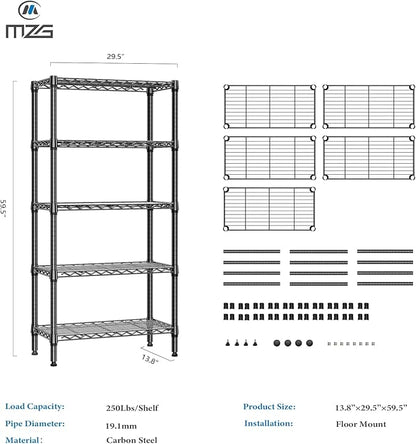 M MZG 1250 lbs 5 Tier Shelf Metal Storage Shelves Shelving Wire Rack Heavy Duty Closet Organizers for Garage Kitchen Bathroom Laundry Black 13.8" D x 29.5" W x 59.5" H