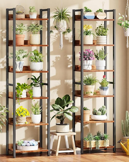 Furologee Book Shelf Set of 2, 6 Tier Tall Shelf with Drawer, Bookshelves and Bookcases Set of 2, Industrial Display Shelving Unit for Bedroom, Living Room, Home Office, Rustic Brown