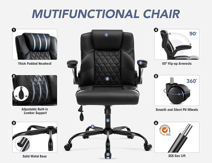Office Chair with Adjustable Inflatable Lumbar Support,Leather Ergonomic Computer Desk Chair with Flip-up Arms,Adjustable Tilt Lock,Swivel Rolling Executive PC Chair for Work,Study,Meeting.Black
