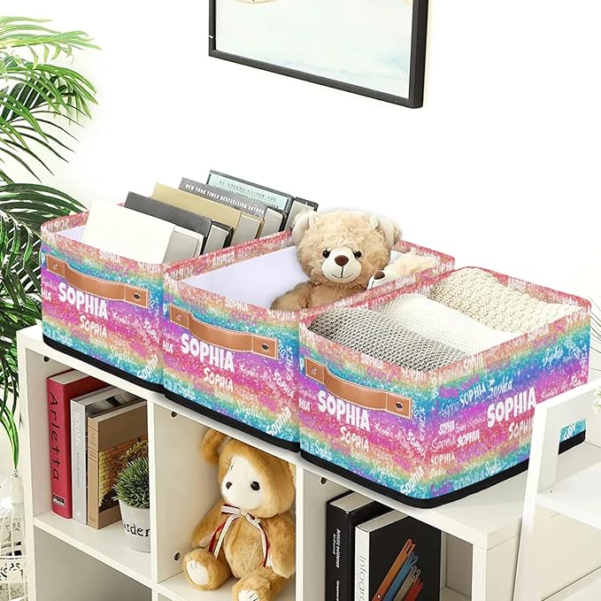 Personalized Name Small Storage Basket with Handles, Canvas Storage Bins Toys Organizer for Bedroom, Bathroom, Nursery, Shelves, Closets, Colorful Sparkly Bling Glitters Pink Blue Yellow