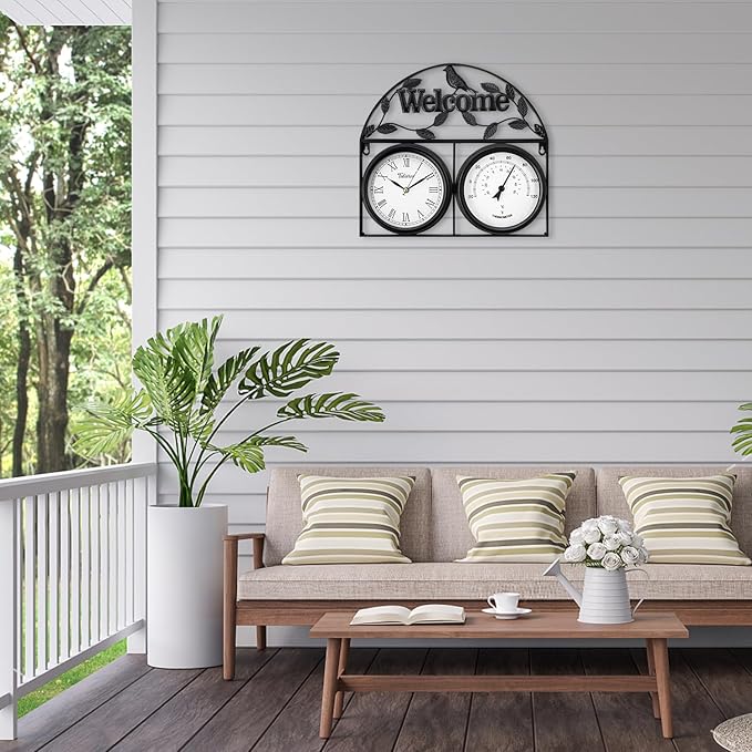 17Inch Large Outdoor Clock,Waterproof Wall Clock with Thermometer,Weatherproof Non-Ticking Quartz Battery Operated Decor Clock for Patio,Garden,Pool,Porch,House Warming Gifts