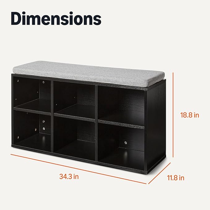 Amazon Basics Shoe Storage Bench with Cushion, 6 Cubbies, Adjustable Storage Shelves, Black