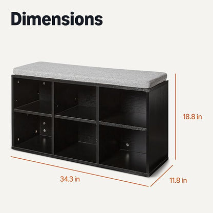Amazon Basics Shoe Storage Bench with Cushion, 6 Cubbies, Adjustable Storage Shelves, Black