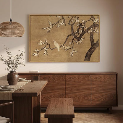 Framed Vintage Floral Bird Zen Wall Art, Neutral Asian Plum Blossom Branch Flower Birds Canvas, Minimalist Classic Oriental Calming Painting Prints for Living Room Bedroom Chinese Wall Decor, 36x24