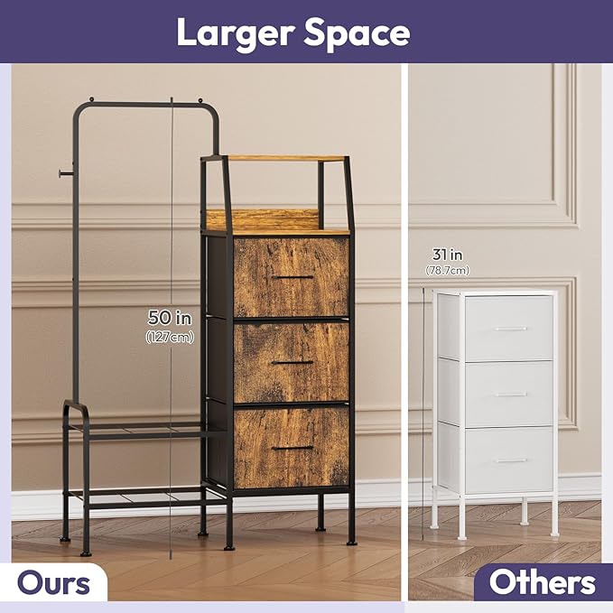 SWTYMIKI Dresser with Hanging Rack - 3 Fabric Drawers Kids Dresser for Bedroom - Reversible Tall Storage Tower, Small Space Clothes Storage Organizer Cabinet for Apartment, Dorm 49.21''H, Espresso