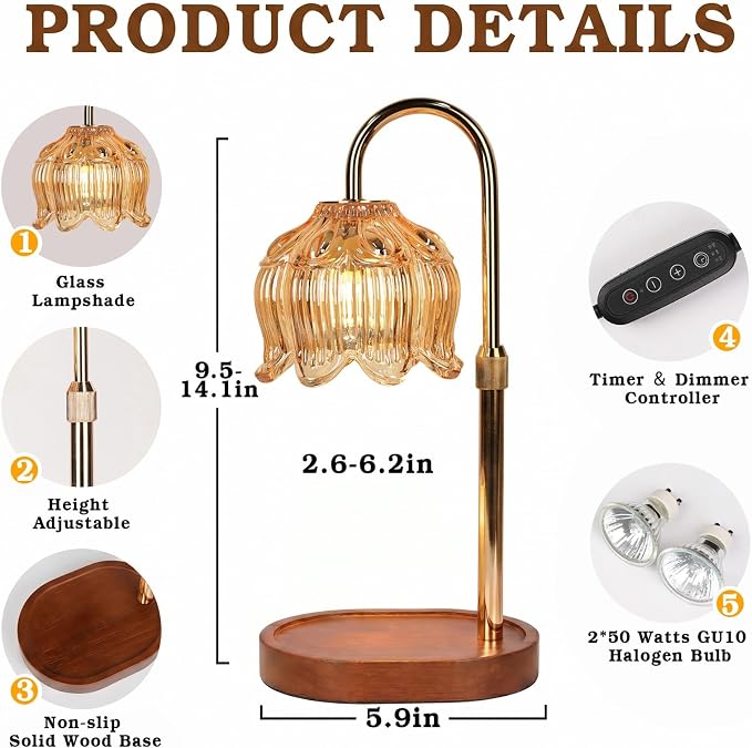 Funistree Flower Candle Warmer Lamp with Timer, Dimmable Candle Lamp Warmer, Christmas Birthday Gifts for Women Mom Her, Housewarming Home Decor, Lotus Wax Warmer for Yankee Candles - Lily Gold