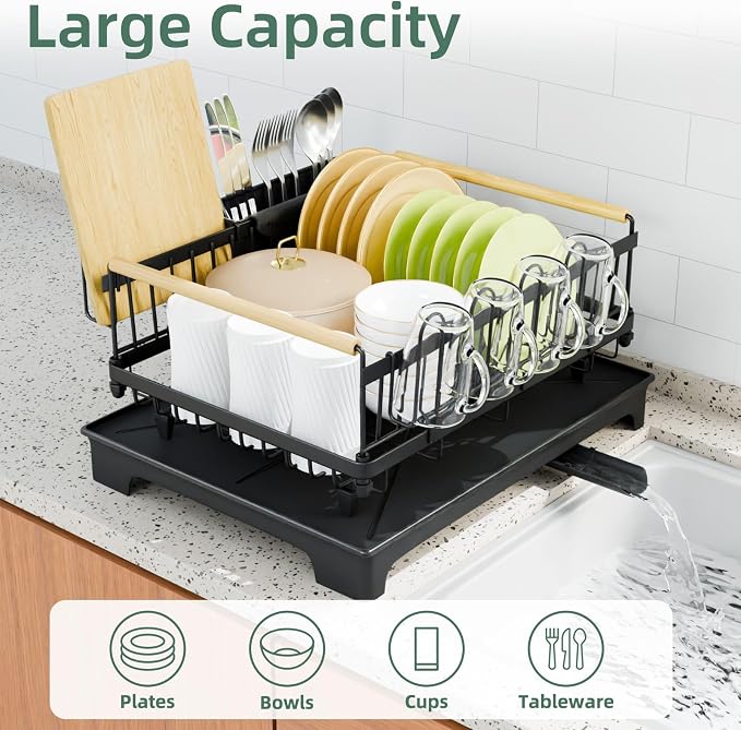 Dish Drying Rack with Auto-Drainboard - Rustproof Kitchen Counter Strainer with Cutlery & Cup Holders, Compact Space Saver Kitchen Strainer, Black