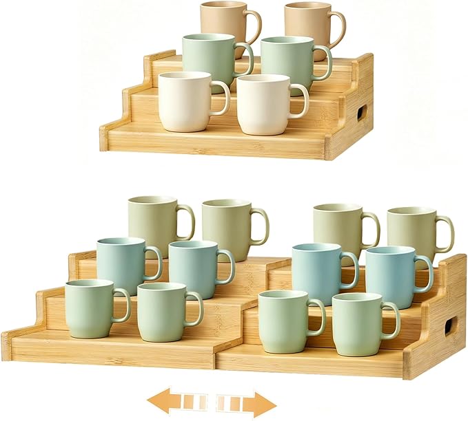 3-Tier Expandable Bamboo Mug Holder for Countertop Coffee Cup Holder Display Mug Organizer Mug Rack for Coffee Bar Organizer Mug Shelf for Cabinet for Kitchen, Home, No Assembly
