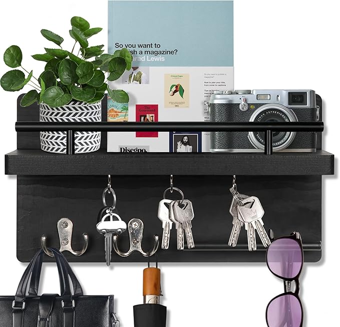 OurWarm Key Holder for Wall Decorative with 5 Key Hooks, Wall Mounted Key Hangers for Wall with Mail Key Rack, Wooden Mail Organizer with Shelf