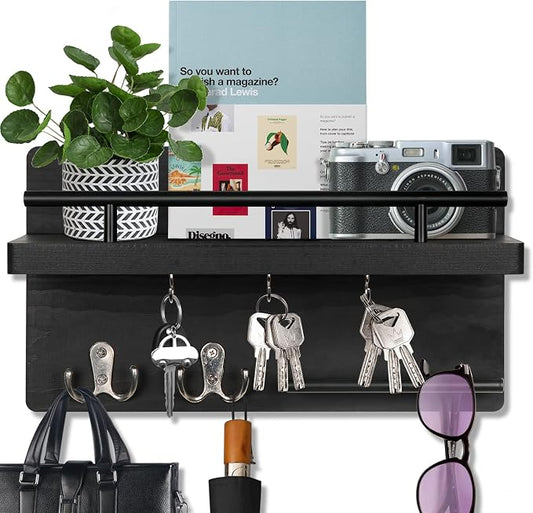 OurWarm Key Holder for Wall Decorative with 5 Key Hooks, Wall Mounted Key Hangers for Wall with Mail Key Rack, Wooden Mail Organizer with Shelf