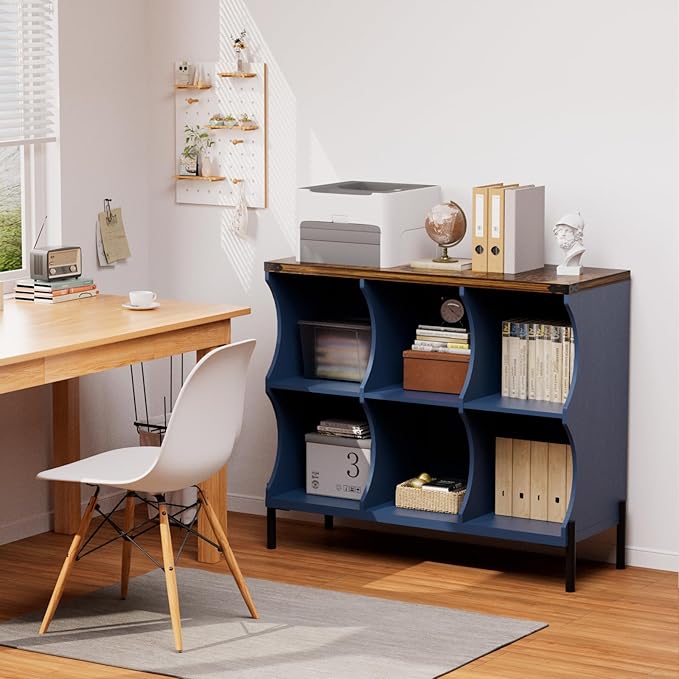 6 Cube Book Shelf, Low and Short Bookshelf, Long Cube Storage Organizer Wood TV Stand, Toy Organization DVD Cabinets for Living Room, Office, Bedroom, Dorm, Blue with Natural Top