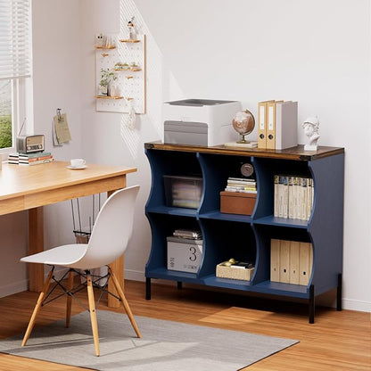 6 Cube Book Shelf, Low and Short Bookshelf, Long Cube Storage Organizer Wood TV Stand, Toy Organization DVD Cabinets for Living Room, Office, Bedroom, Dorm, Blue with Natural Top