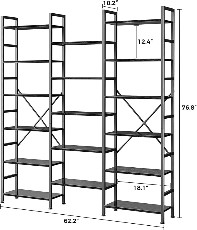 SUPERJARE Triple Bookshelf, Bookcase with 11 Open Display Shelves, Wide Book Shelf Book Case for Home & Office, 6 Tier, Black