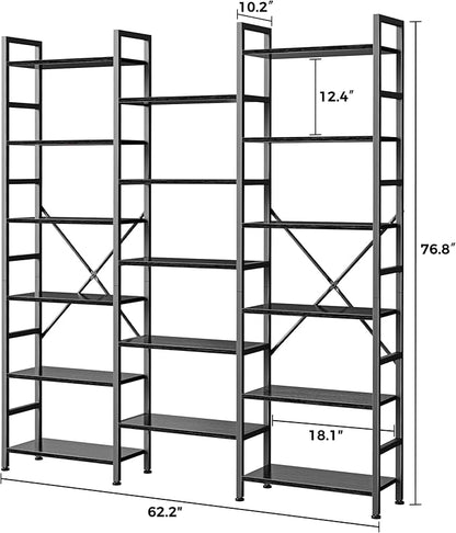 SUPERJARE Triple Bookshelf, Bookcase with 11 Open Display Shelves, Wide Book Shelf Book Case for Home & Office, 6 Tier, Black