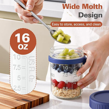 4 Pack Overnight Oats Containers with Lids and Spoons, 16 oz Airtight Oatmeal Container with Measurement Marks, Overnight Oats Jars for Cereal Fruit Vegetable Milk Salad Yogurt Meal Prep