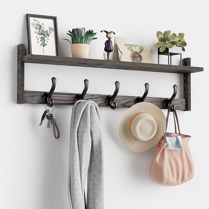 Tatub 29'' Coat Rack Wall Mount with Shelf, Wood Wall Hooks with Storage, Entryway Shelf with 5 Coat Hangers for Bathroom, Living Room, Bedroom, Ebony