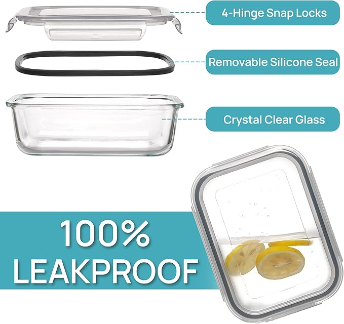 Vtopmart 5Pack 22oz Glass Storage Containers with Lids, Glass Meal Prep Food Container Sets with Snap Airtight Lids for Microwave, Oven, Freezer and Dishwasher, Grey (Pack of 2)