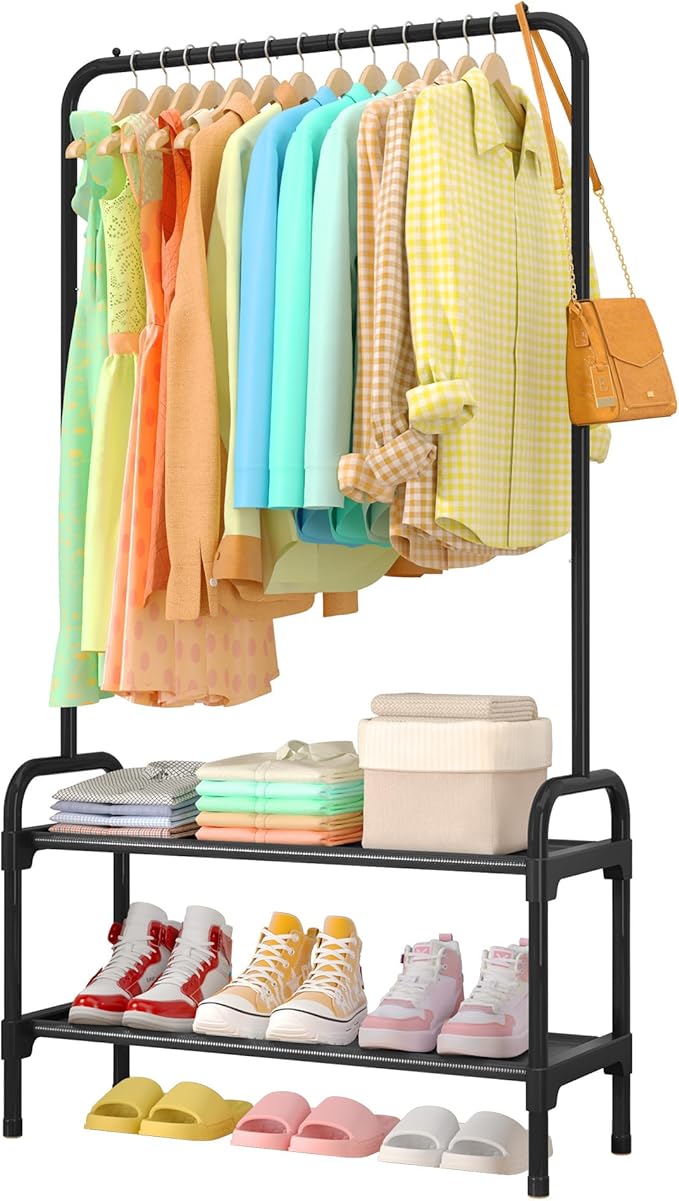 Clothes Rack - Clothing Rack with 2-Tier Shoe Rack and Anti-Slip Stopper, Shoe Organizer for Entryway, Bedroom, or Laundry, Black, 29" × 12.2" × 59.3"