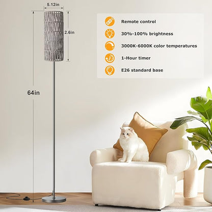 Ambimall 64'' Floor Lamps for Living Room with Remote Control and Stepless Dimmable Colors Temperature & Brightness, Boho Grey Standing Lamp with Grey Rattan Shade