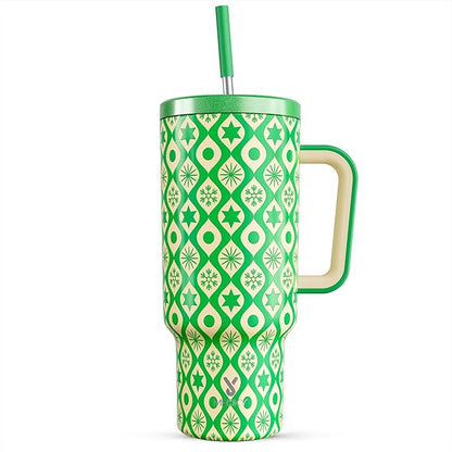 Meoky 40 oz Christmas Tumbler with Handle and Straw, Xmas Tumbler with Lid and Straw, Insulated Stainless Steel Travel Mug, Christmas Gifts for Women Men Adults (Emerald Cheer)