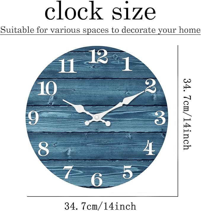 XFM Blue Wooden Wall Clock 14 Inch Silent Wall Clocks Battery Operated Decorative Farmhouse Rustic Wall Clock for Kitchen Living Room Office