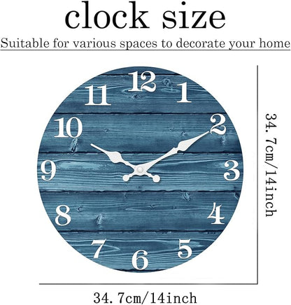 XFM Blue Wooden Wall Clock 14 Inch Silent Wall Clocks Battery Operated Decorative Farmhouse Rustic Wall Clock for Kitchen Living Room Office