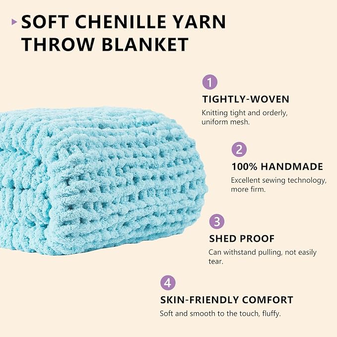 L'AGRATY Chenille Chunky Knit Blanket, Light Blue, 60x80, Heavyweight Throw Blanket for Home Decor