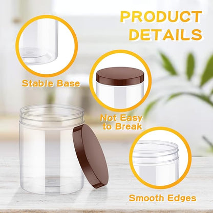 Irenare 24 Pcs 16 oz Plastic Jars with Lids Clear Plastic Containers Wide Mouth Food Mason Jars Airtight Storage Containers for Cake, Dried Fruit, Honey, Nuts, Carft, Scrub Cream(Brown Lids)
