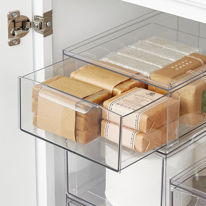 mDesign Plastic Stackable Bathroom Storage Organizer Bin Containers with Front Pull Drawer for Bathroom Countertop, Vanity, Closet Shelves - Holder for Beauty Accessories - Lumiere Collection - Clear