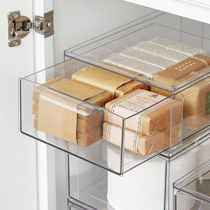 mDesign Plastic Stackable Bathroom Storage Organizer Bin Containers with Front Pull Drawer for Bathroom Countertop, Vanity, Closet Shelves - Holder for Beauty Accessories - Lumiere Collection - Clear