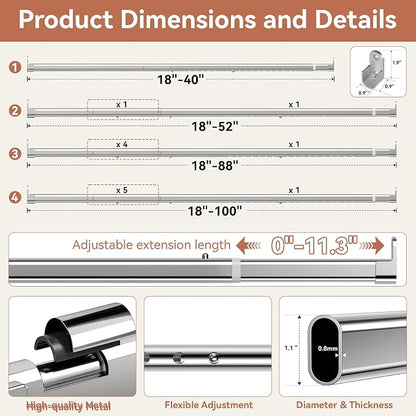 Oval Closet Rod 18-100 Inch Adjustable Closet Rods for Hanging Clothes Heavy Duty Silver Poles Bar with End Supports Rust Proof Wardrobe Rod for Laundry Room RV