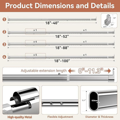 Oval Closet Rod 18-52 Inch Adjustable Closet Rods for Hanging Clothes Heavy Duty Silver Poles Bar with End Supports Rust Proof Wardrobe Rod for Laundry Room RV