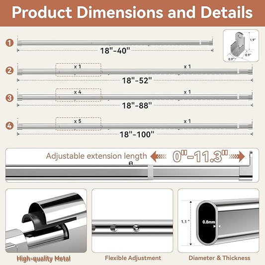 Oval Closet Rod 18-52 Inch Adjustable Closet Rods for Hanging Clothes Heavy Duty Silver Poles Bar with End Supports Rust Proof Wardrobe Rod for Laundry Room RV
