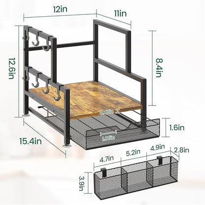 EsLuker.ly Coffee Bar Station Organizer with K Cup Drawer, Pod Holder Storage Rack with 7 Mug Hooks for Countertop, Wooden Coffee Machine Maker Stand for Home Office, Space-Saving for Coffee Lovers