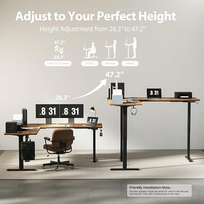 Agilestic Triple Motors 73" x 60" L Shaped Standing Desk, Electric Standing Desk Adjustable Height, Extra Large Desktop Corner Table for Home Office, Gaming Workstation, Splice Board, Rustic Brown